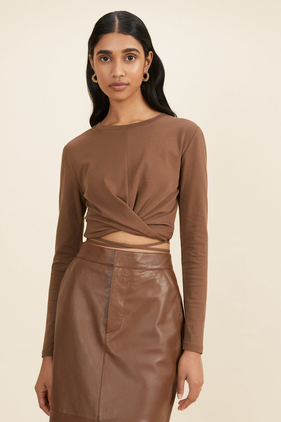 Twist Front Tie Top  Coconut Brown