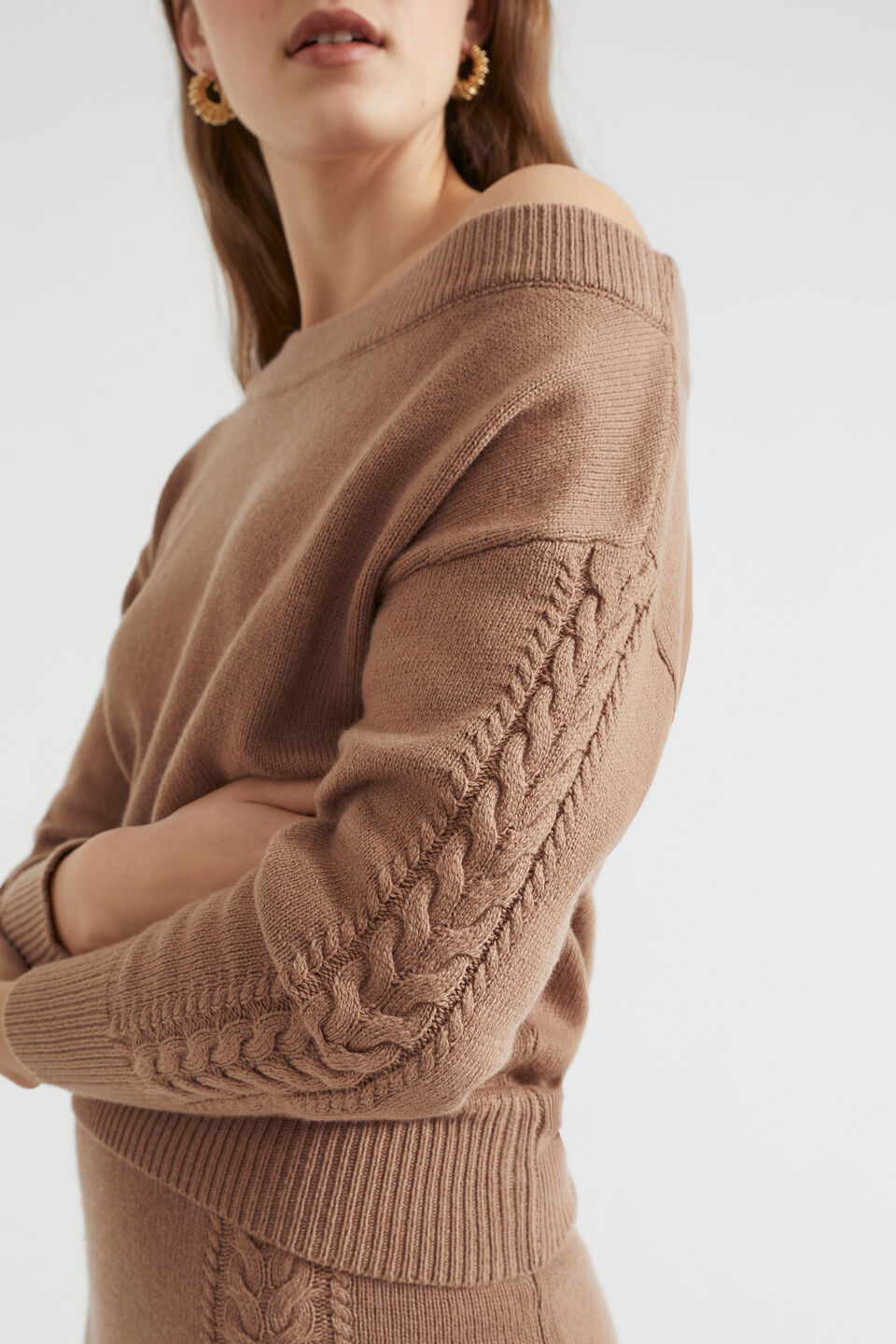 Cable Drape Shoulder Knit  Chocolate Malt
