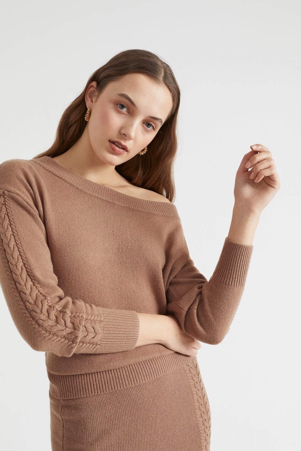 Cable Drape Shoulder Knit  Chocolate Malt