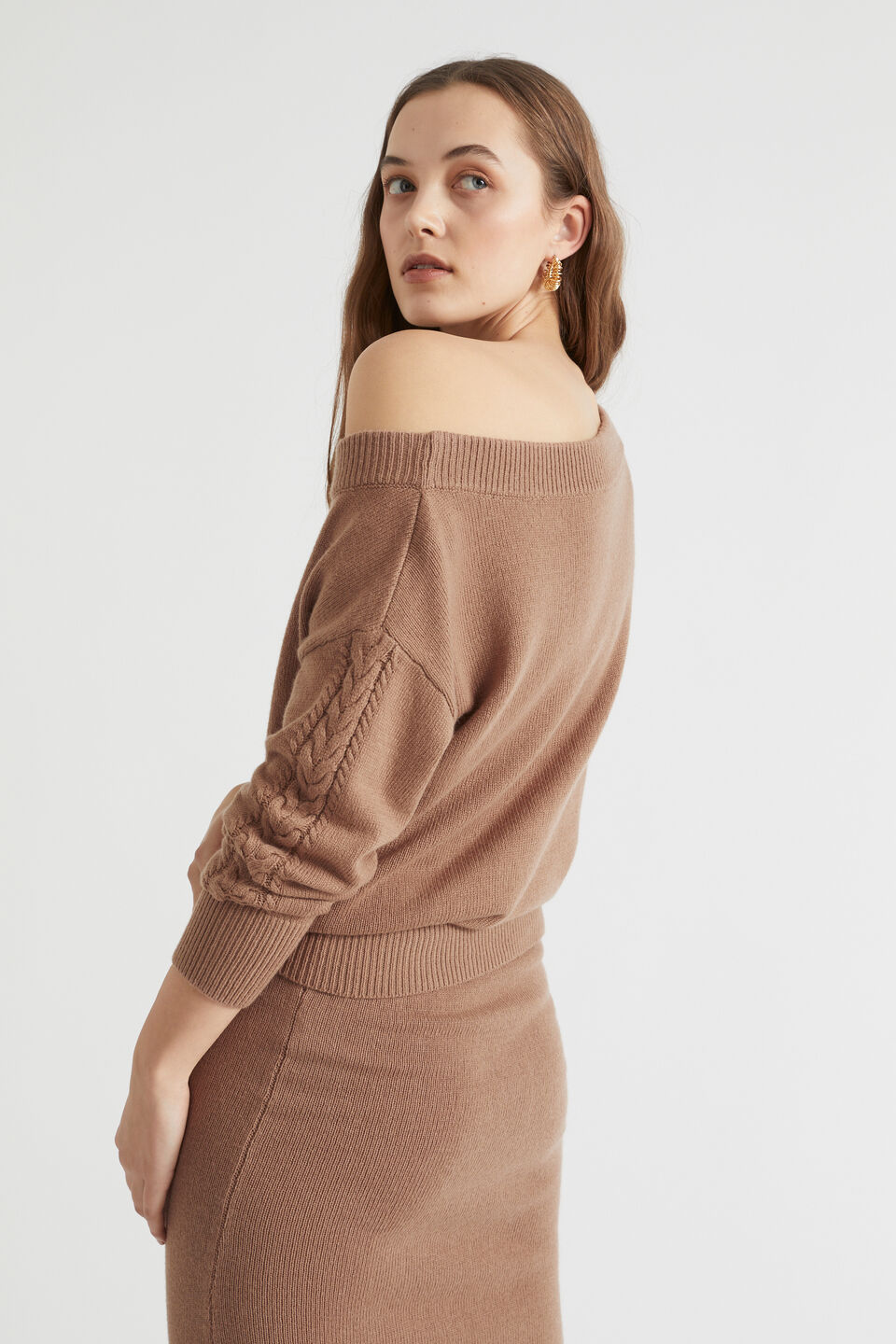 Cable Drape Shoulder Knit  Chocolate Malt