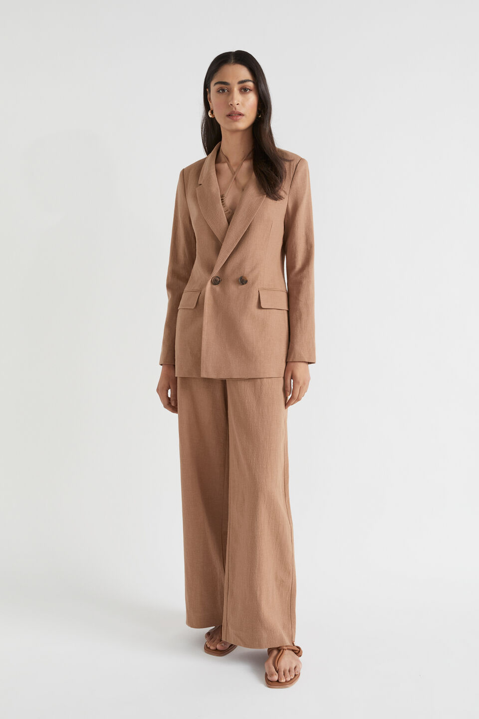 Ramie Cotton Longline Blazer  Auburn Brown