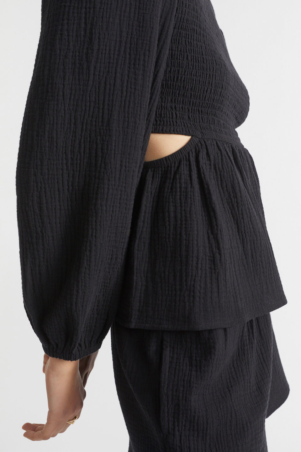 Cheesecloth Shirred Bodice Top  Black
