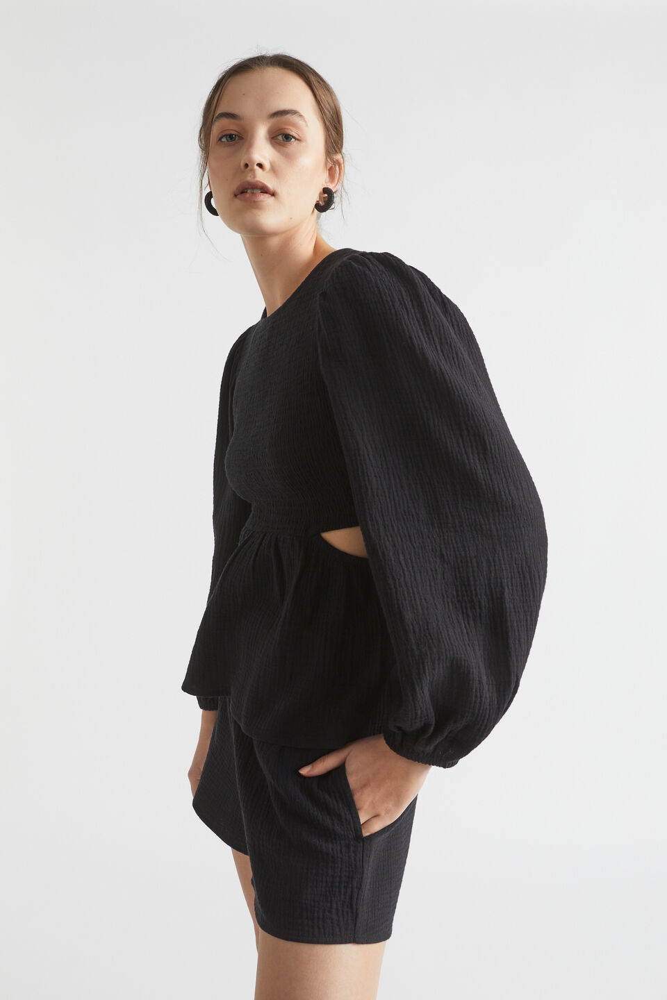 Cheesecloth Shirred Bodice Top  Black