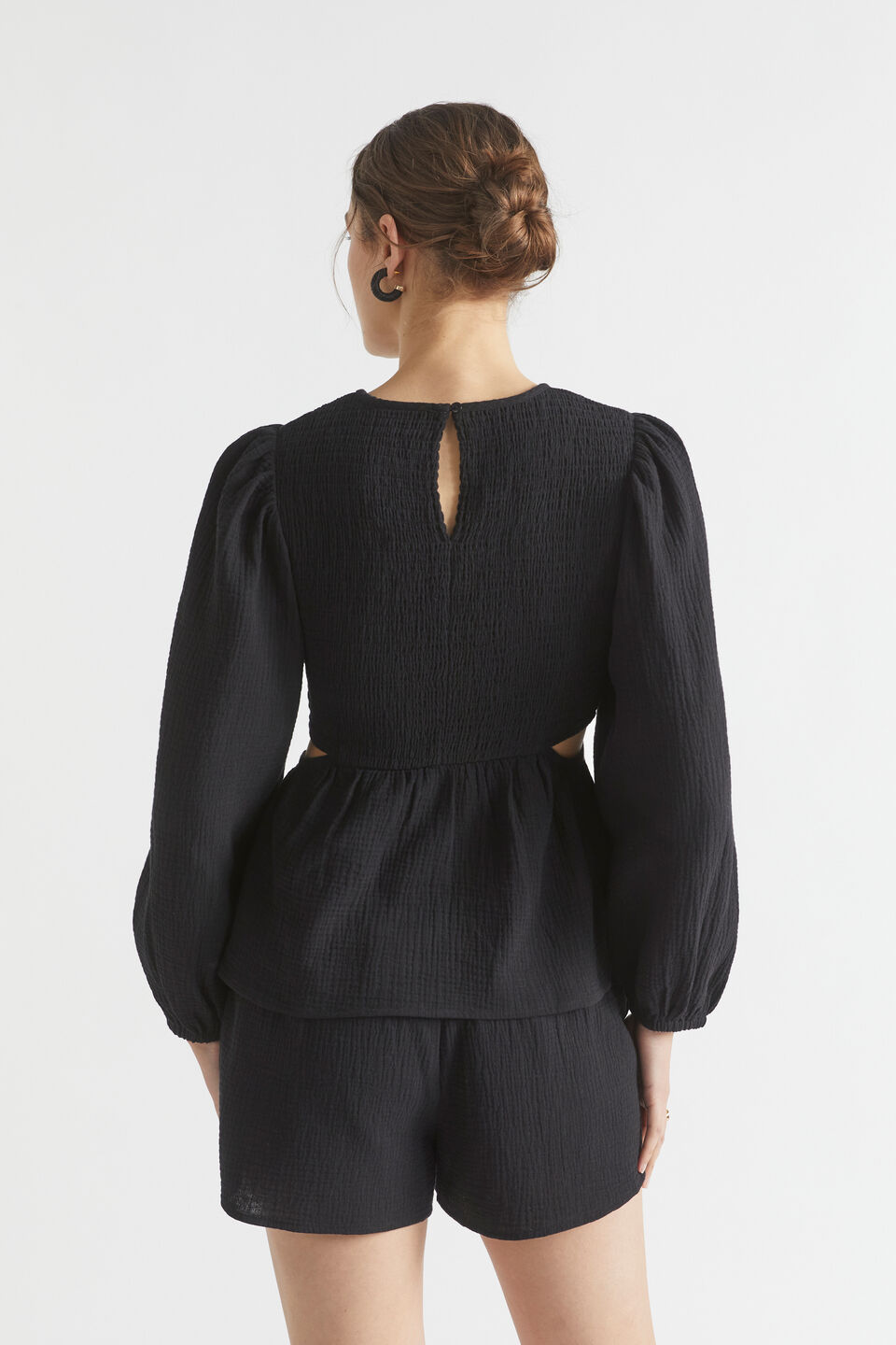 Cheesecloth Shirred Bodice Top  Black