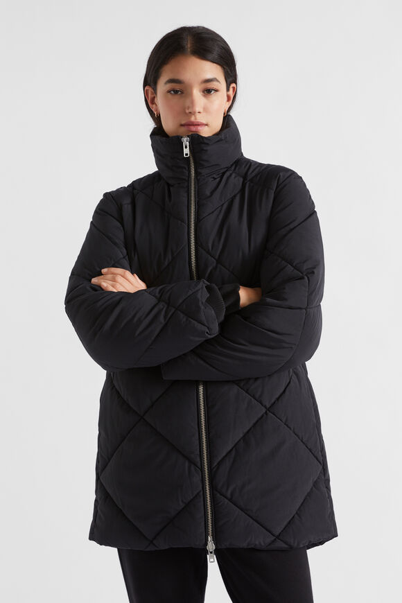 Mid Length Diamond Puffer Jacket  Black  hi-res