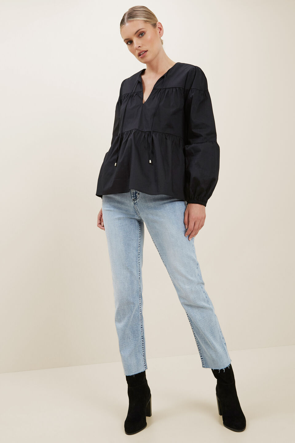 Tiered Poplin Blouse  Black