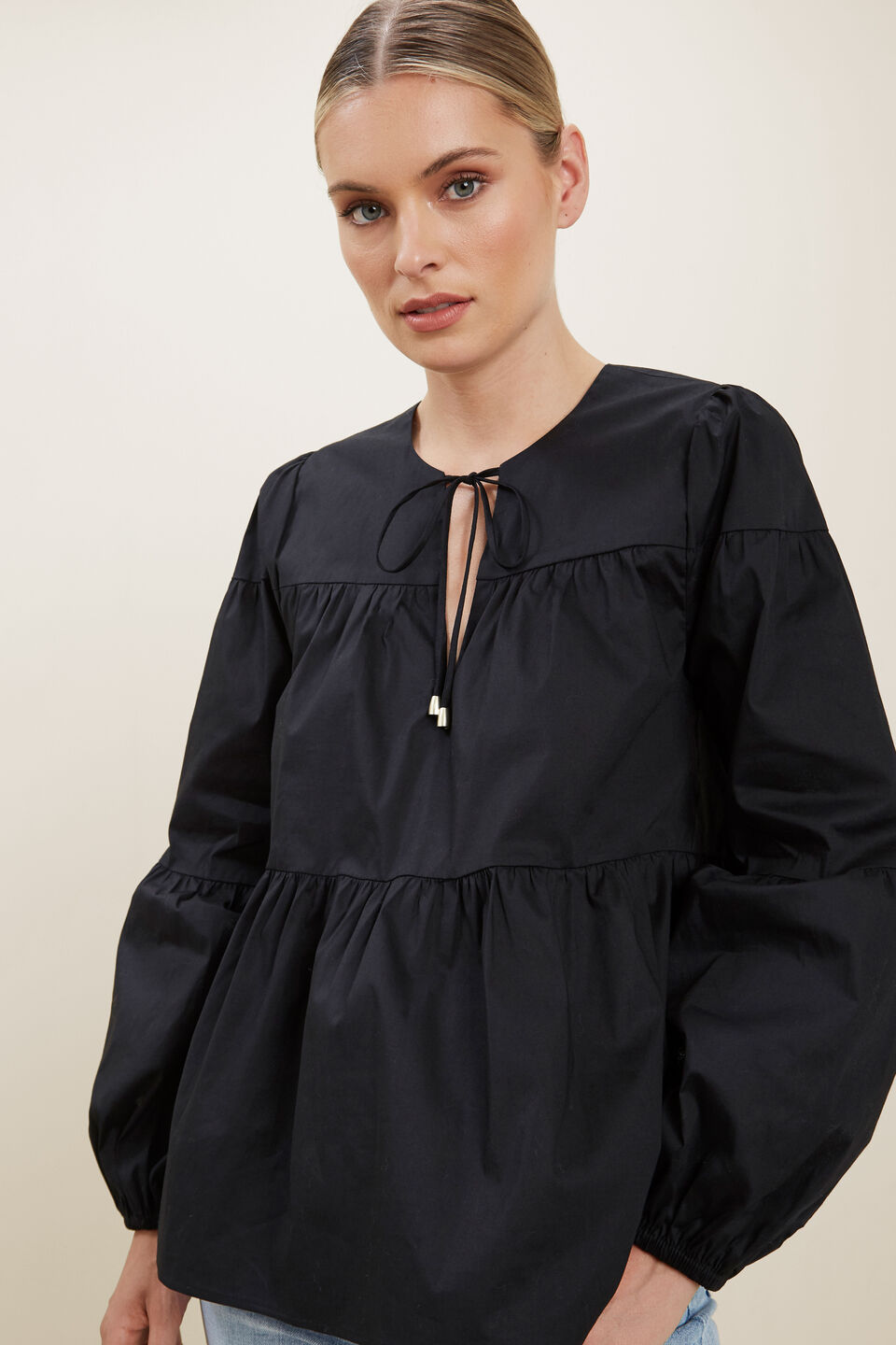 Tiered Poplin Blouse  Black