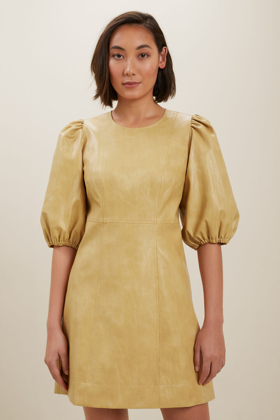 Vegan Leather Puff Sleeve Mini Dress  Fawn
