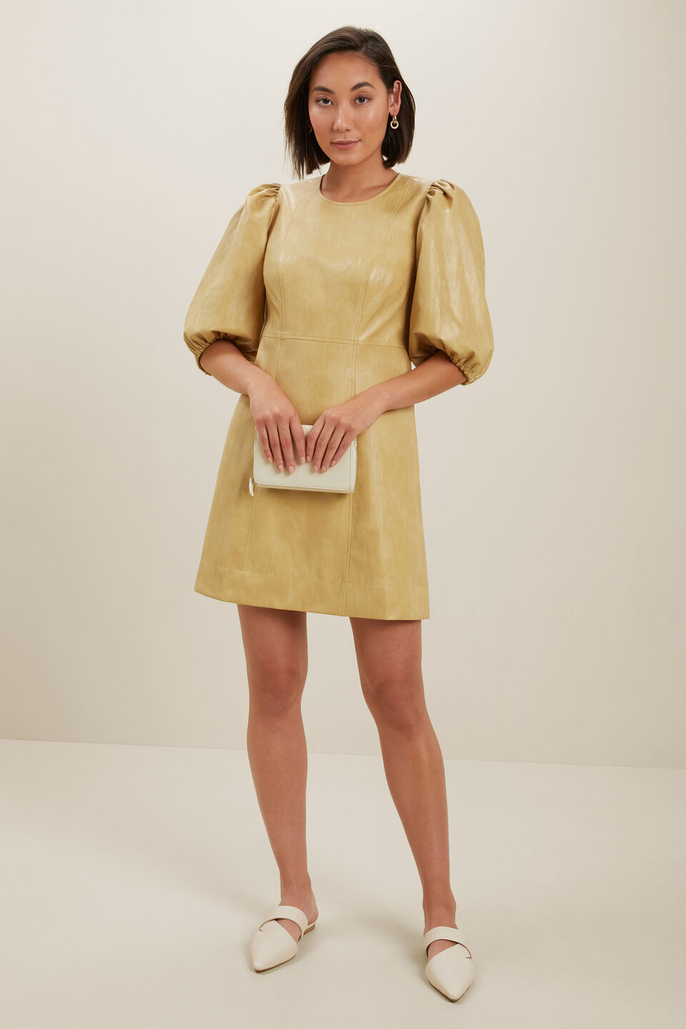Vegan Leather Puff Sleeve Mini Dress  Fawn