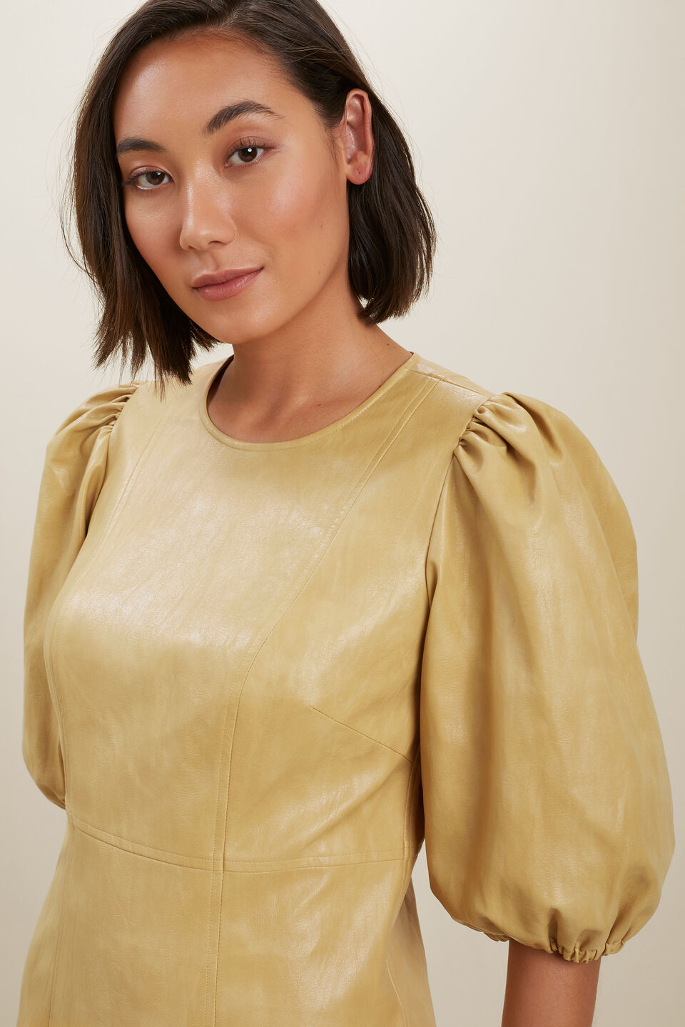Vegan Leather Puff Sleeve Mini Dress  Fawn