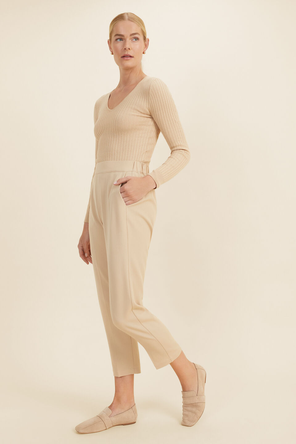 Rib Knit V Neck Top  Champagne Beige