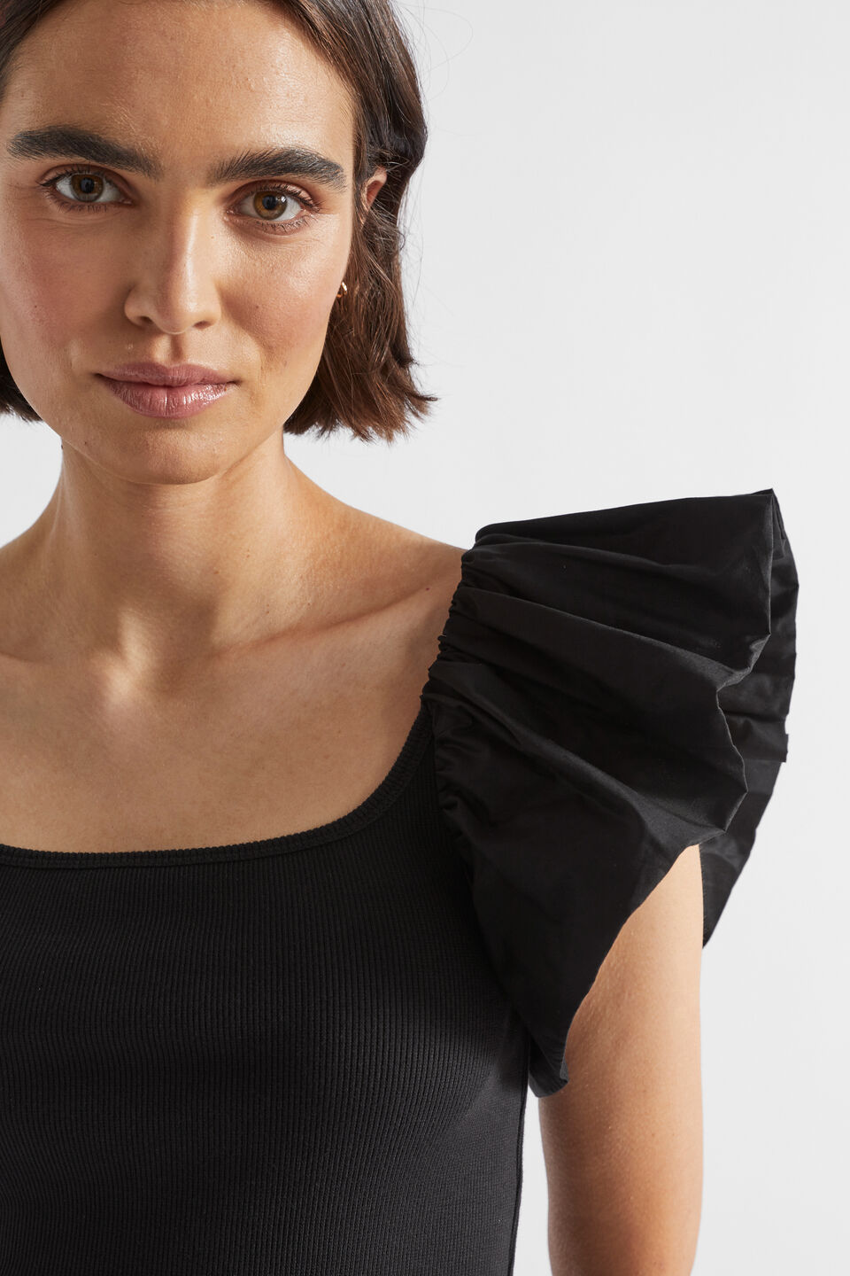 Scoop Neck Ruffle Tee  Black