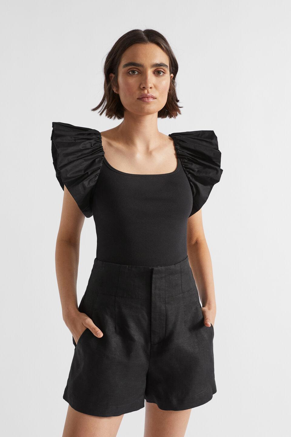 Scoop Neck Ruffle Tee  Black