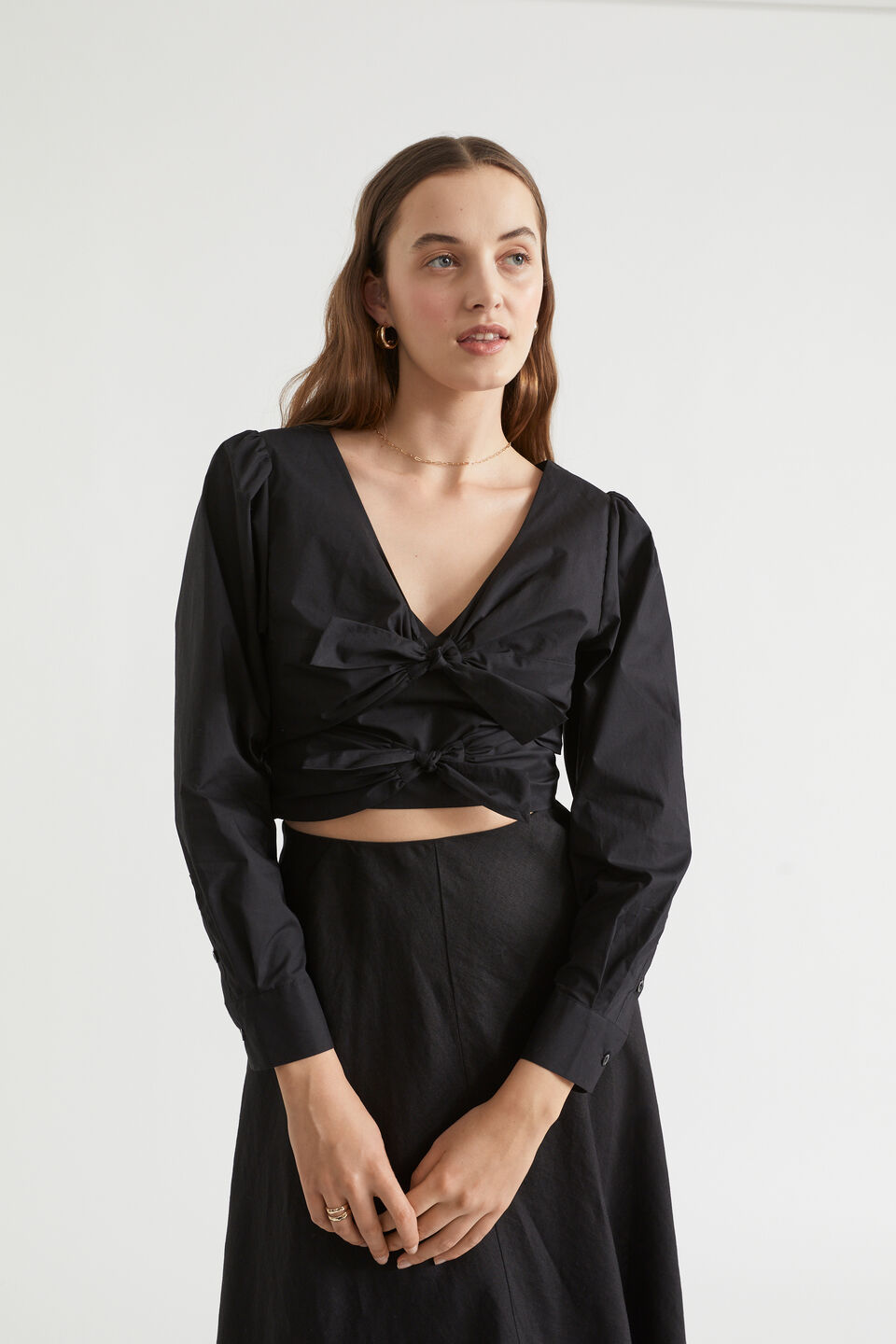 Poplin Double Tie Top  Black