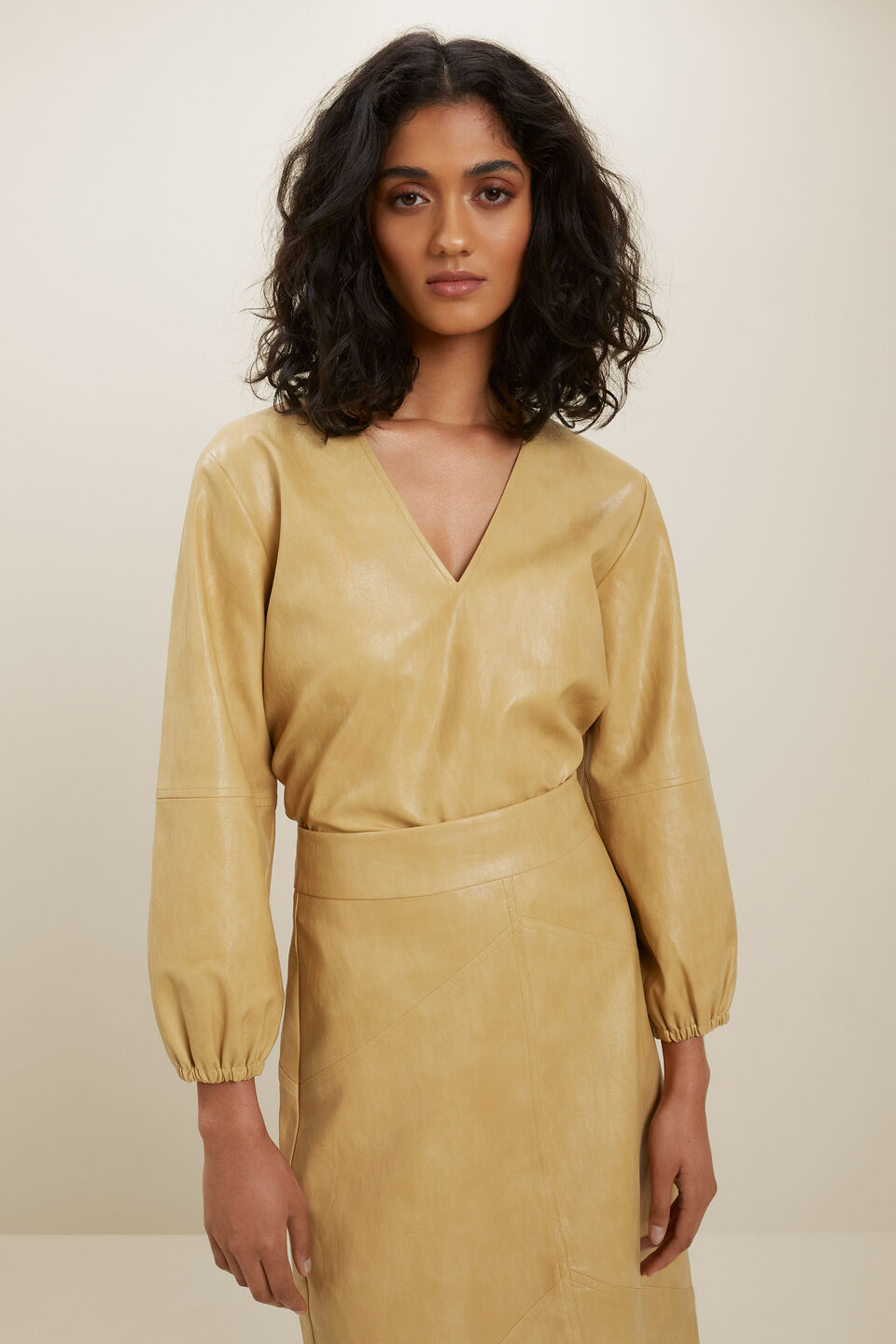 Vegan Leather V Neck Blouse  Fawn
