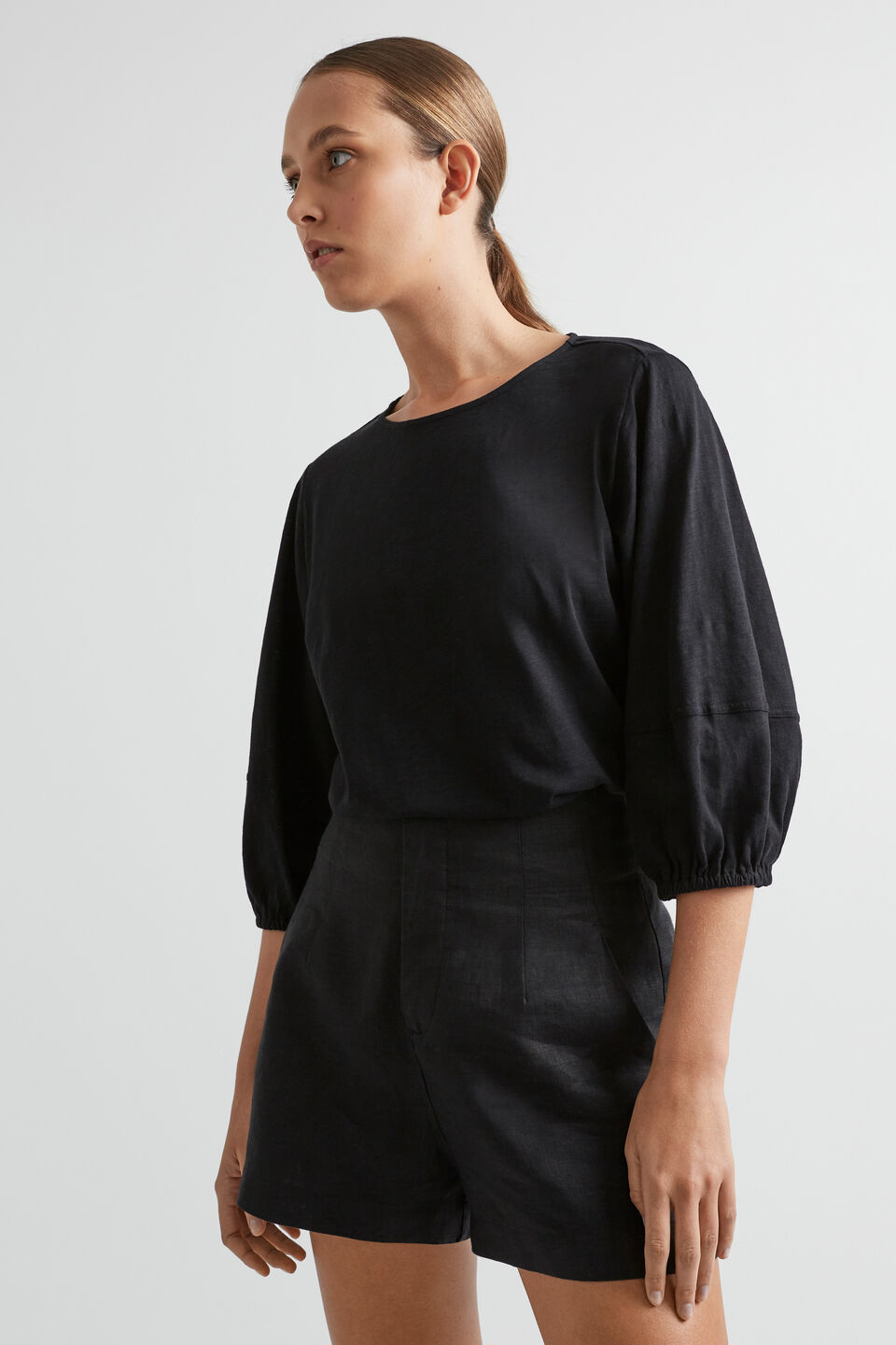 Balloon Sleeve Slub Top  Black