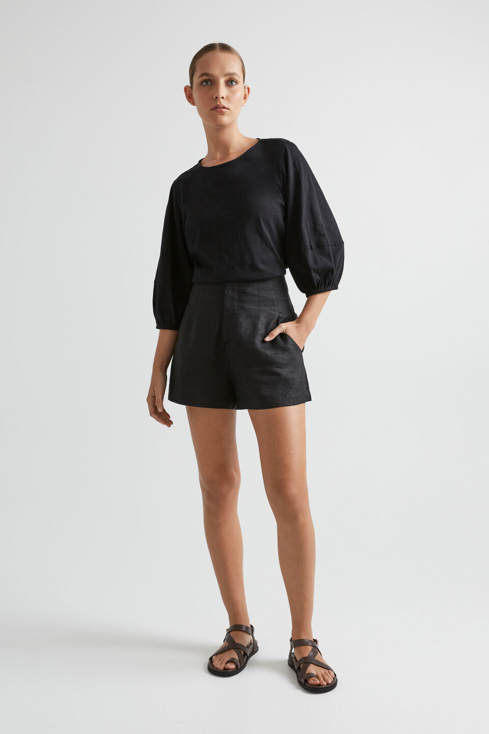 Balloon Sleeve Slub Top  Black