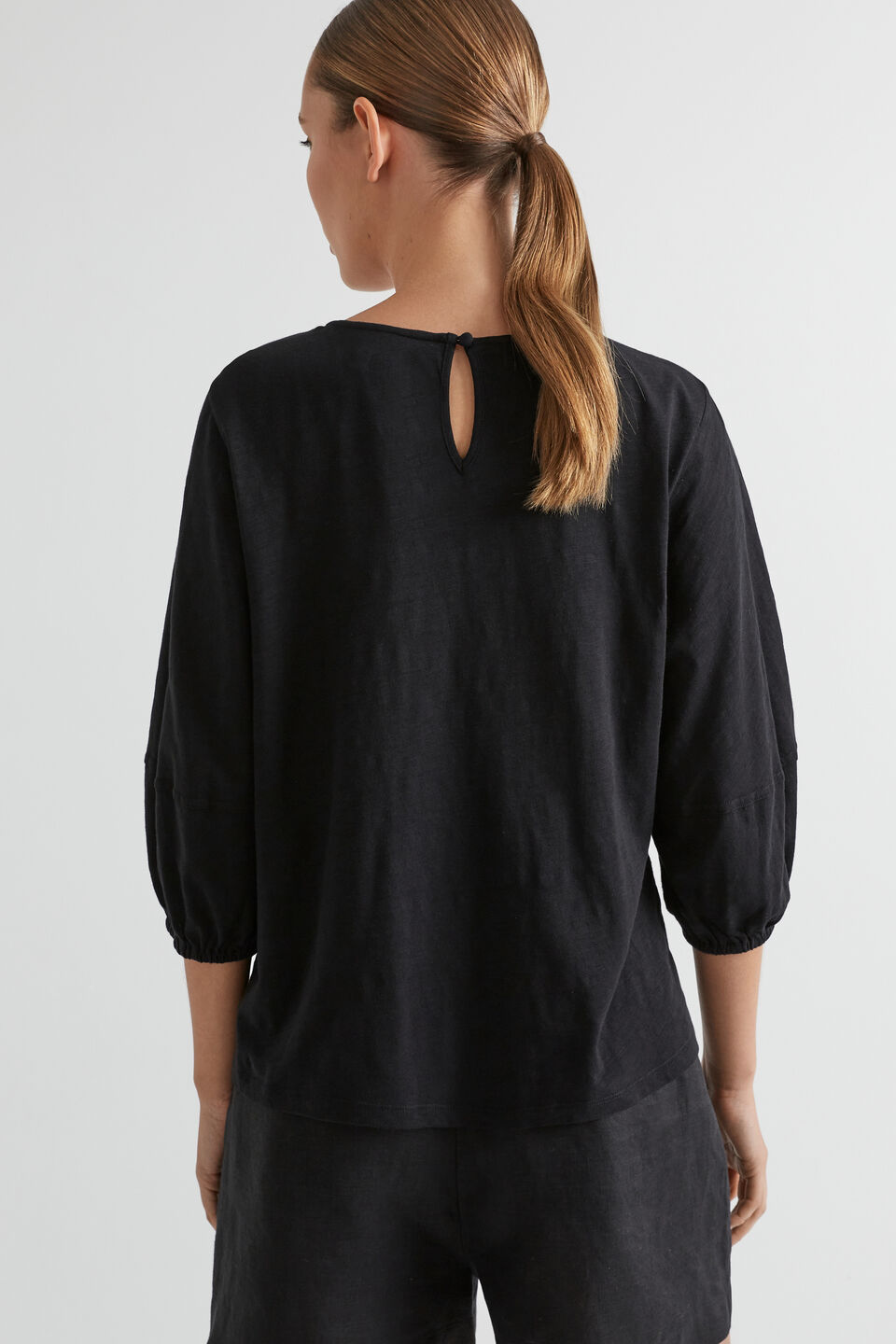 Balloon Sleeve Slub Top  Black