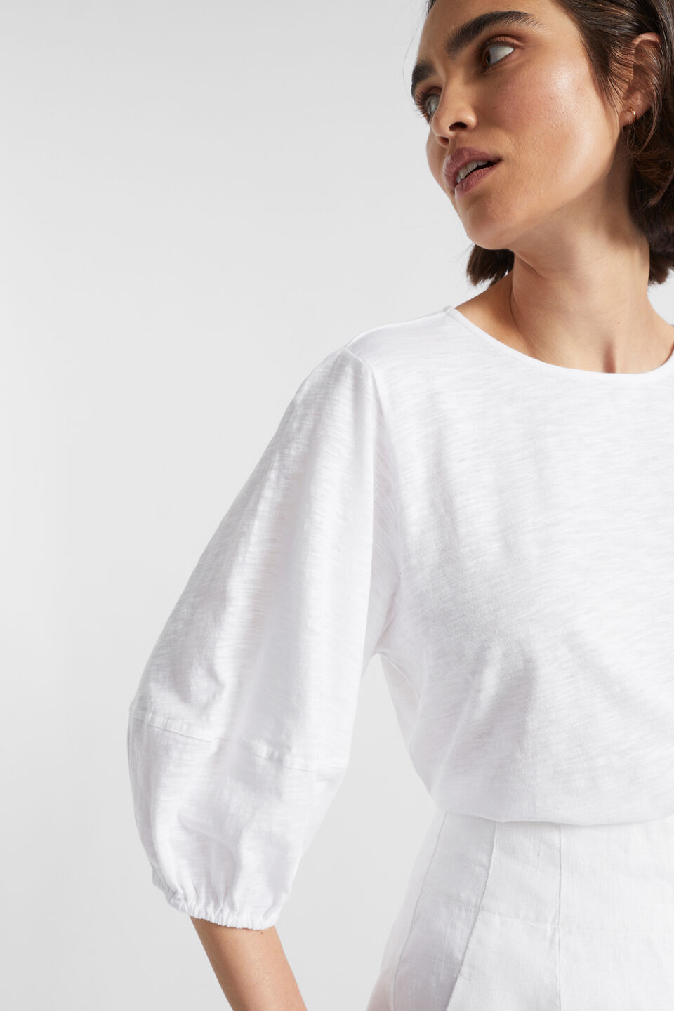 Balloon Sleeve Slub Top  Whisper White