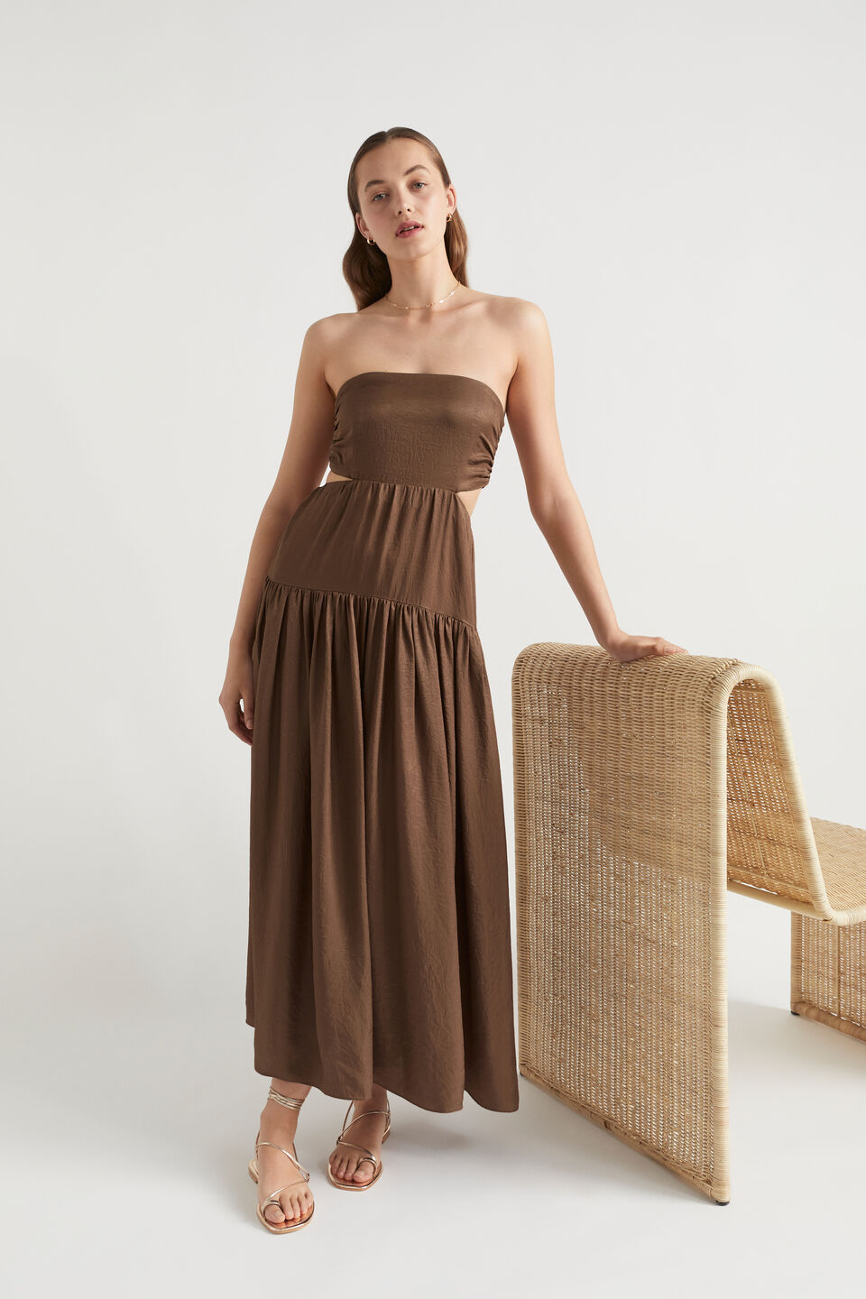Satin Cut Out Maxi Dress  Pecan Brown