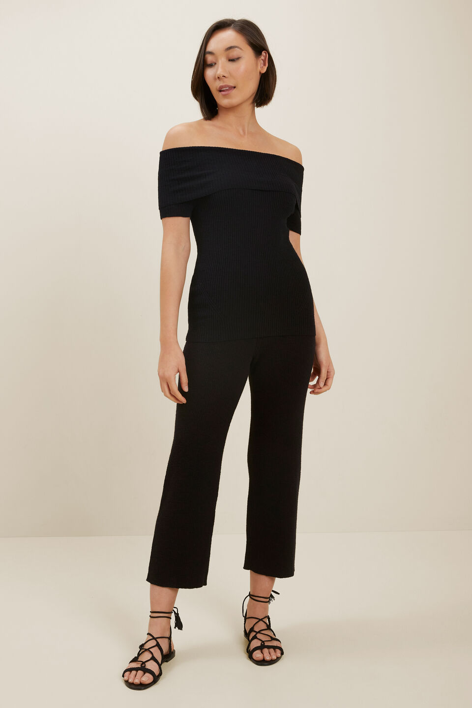 Boucle Off Shoulder Knit Top  Black