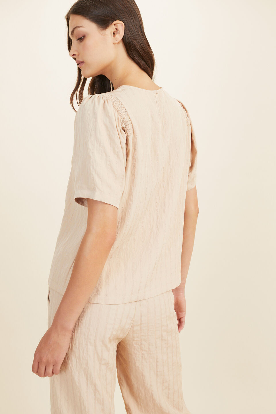 Stripe Ruched Sleeve Blouse  Champagne Beige Stripe