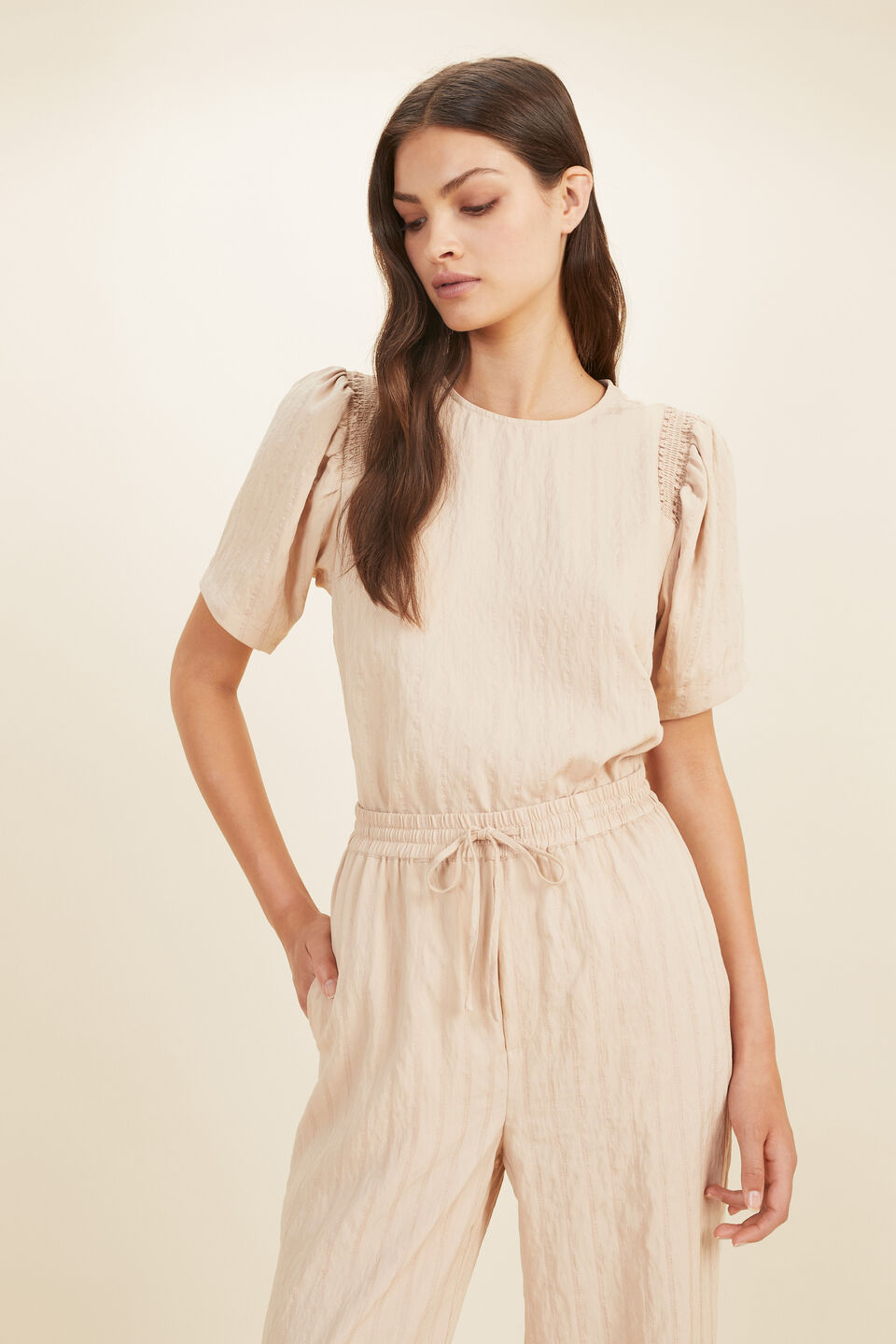 Stripe Ruched Sleeve Blouse  Champagne Beige Stripe