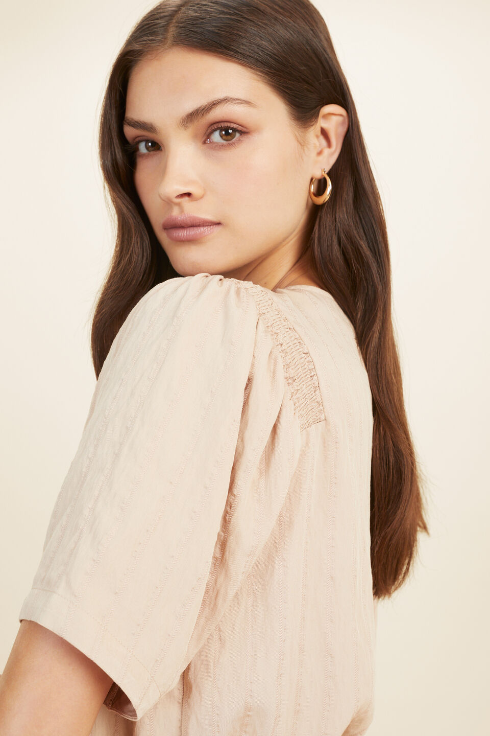 Stripe Ruched Sleeve Blouse  Champagne Beige Stripe