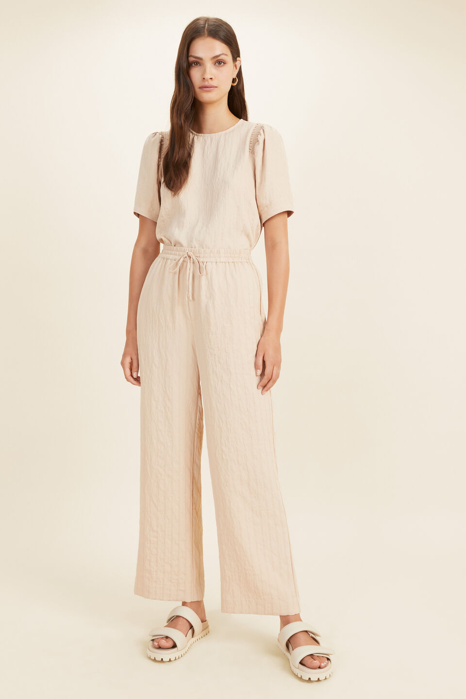 Stripe Ruched Sleeve Blouse  Champagne Beige Stripe
