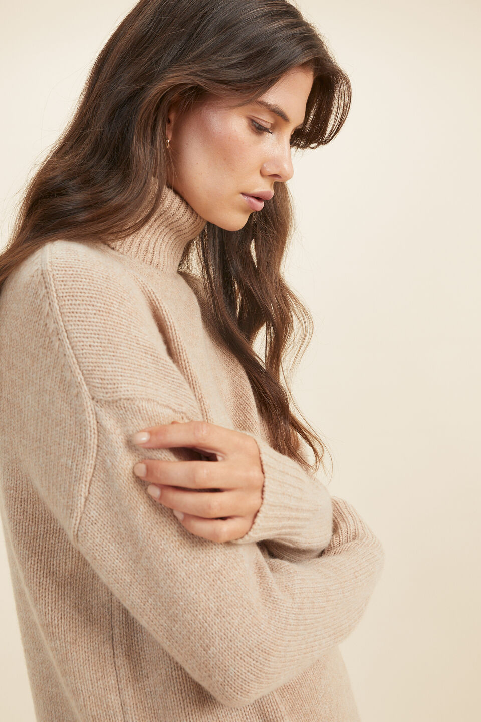Merino Wool Roll Neck Sweater  Champagne Beige Marle