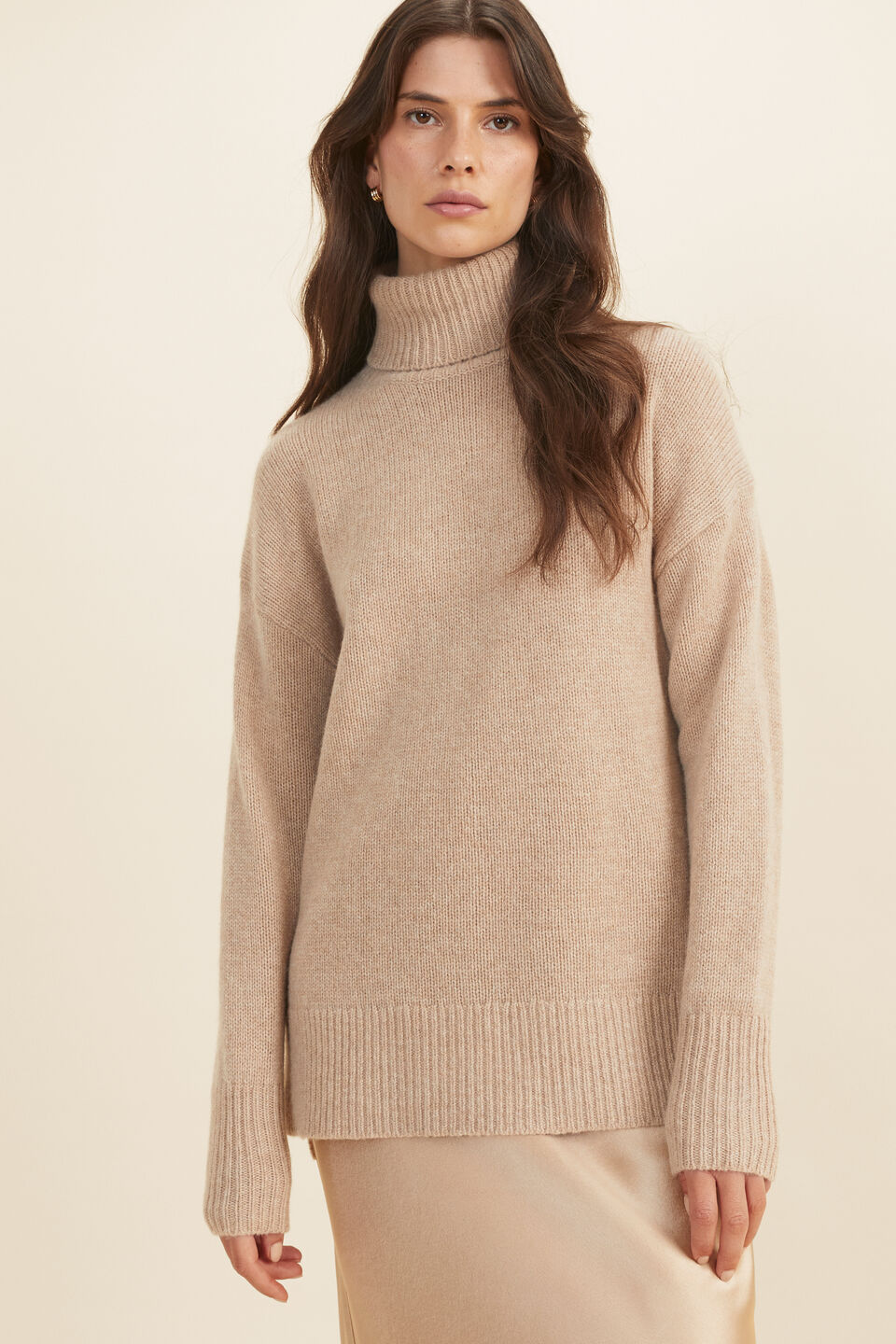 Merino Wool Roll Neck Sweater  Champagne Beige Marle