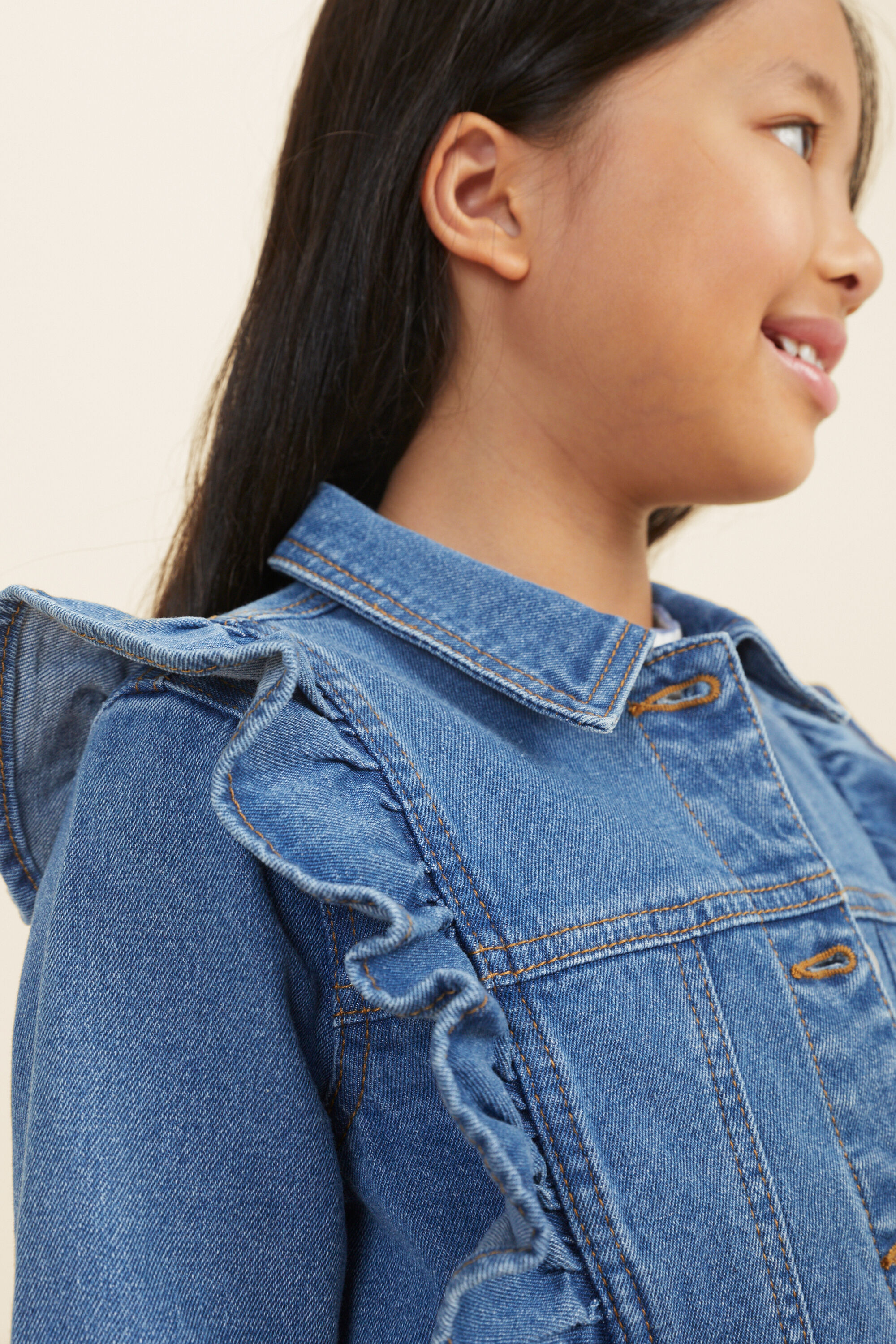 Denim jacket with frill shoulders sale