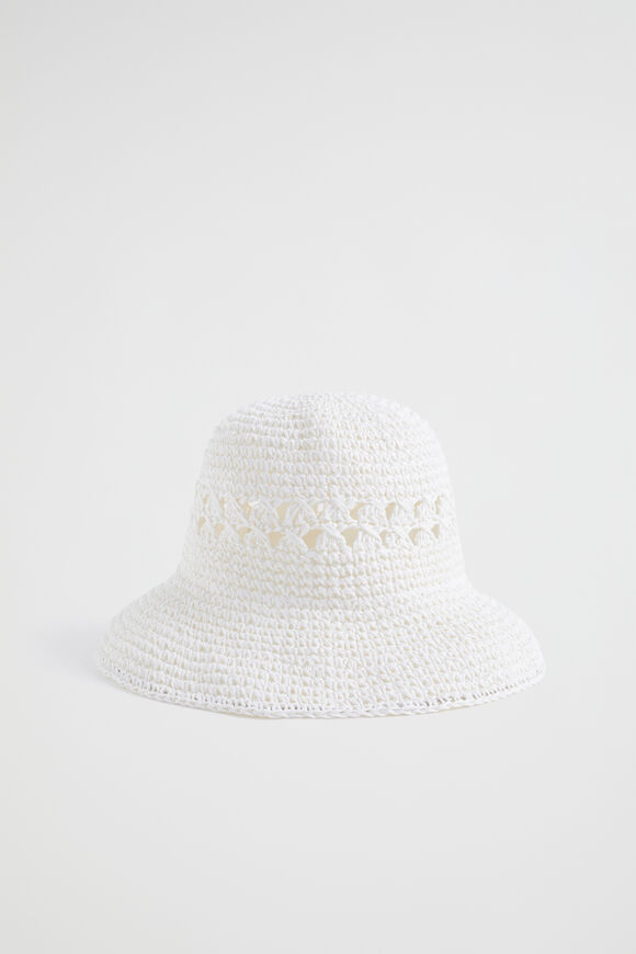 Crochet Straw Bucket Hat  White  hi-res