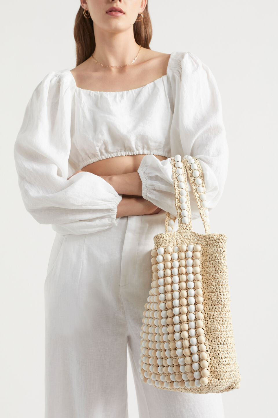 Beaded Straw Tote  Natural White