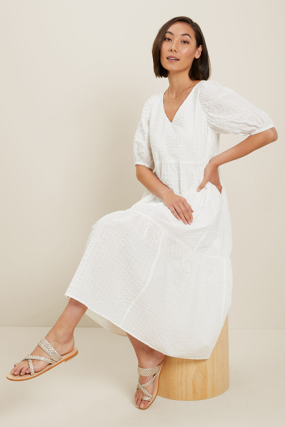 Textured Tiered Dress  Whisper White  hi-res