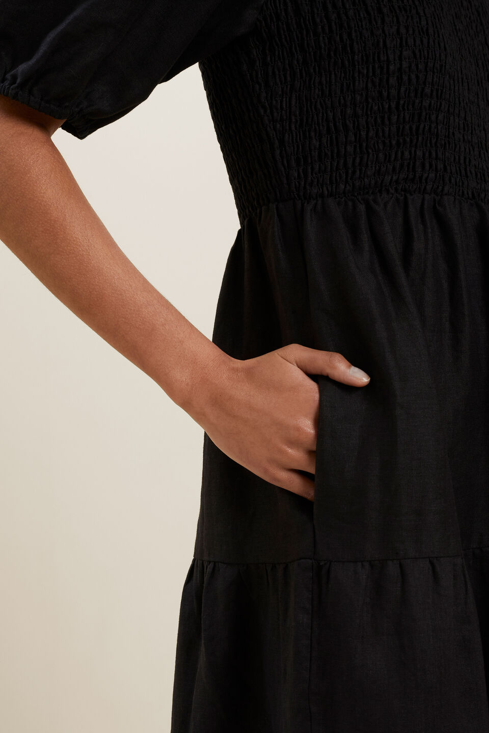 Linen Shirred Dress  Black  hi-res
