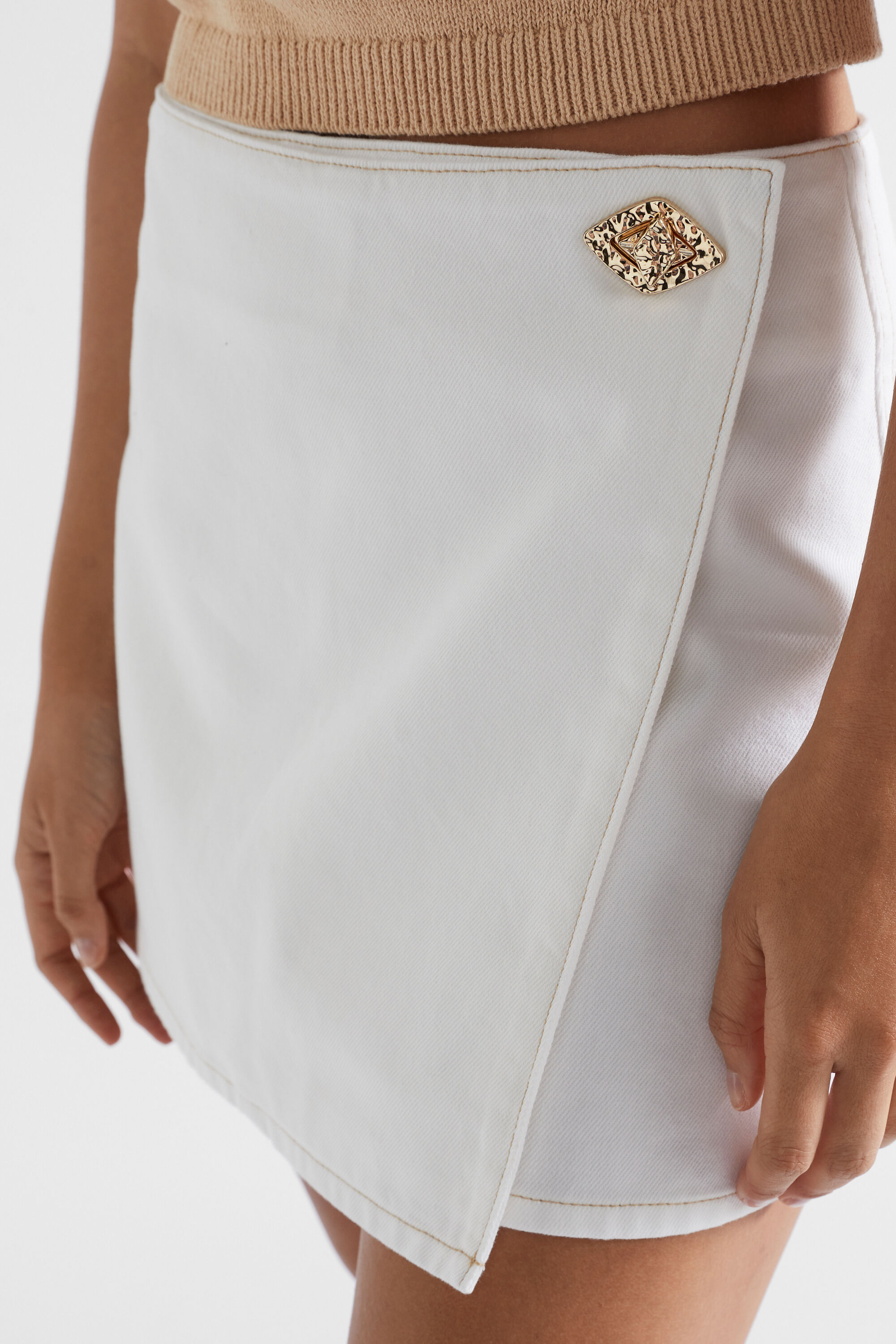 White denim mini top wrap skirt