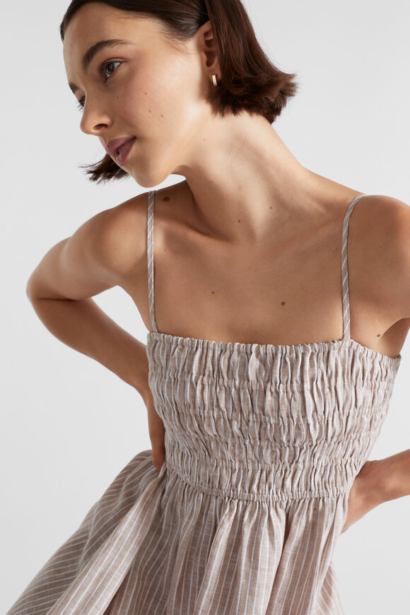 Linen Shirred Midi Dress  Barley Stripe  hi-res