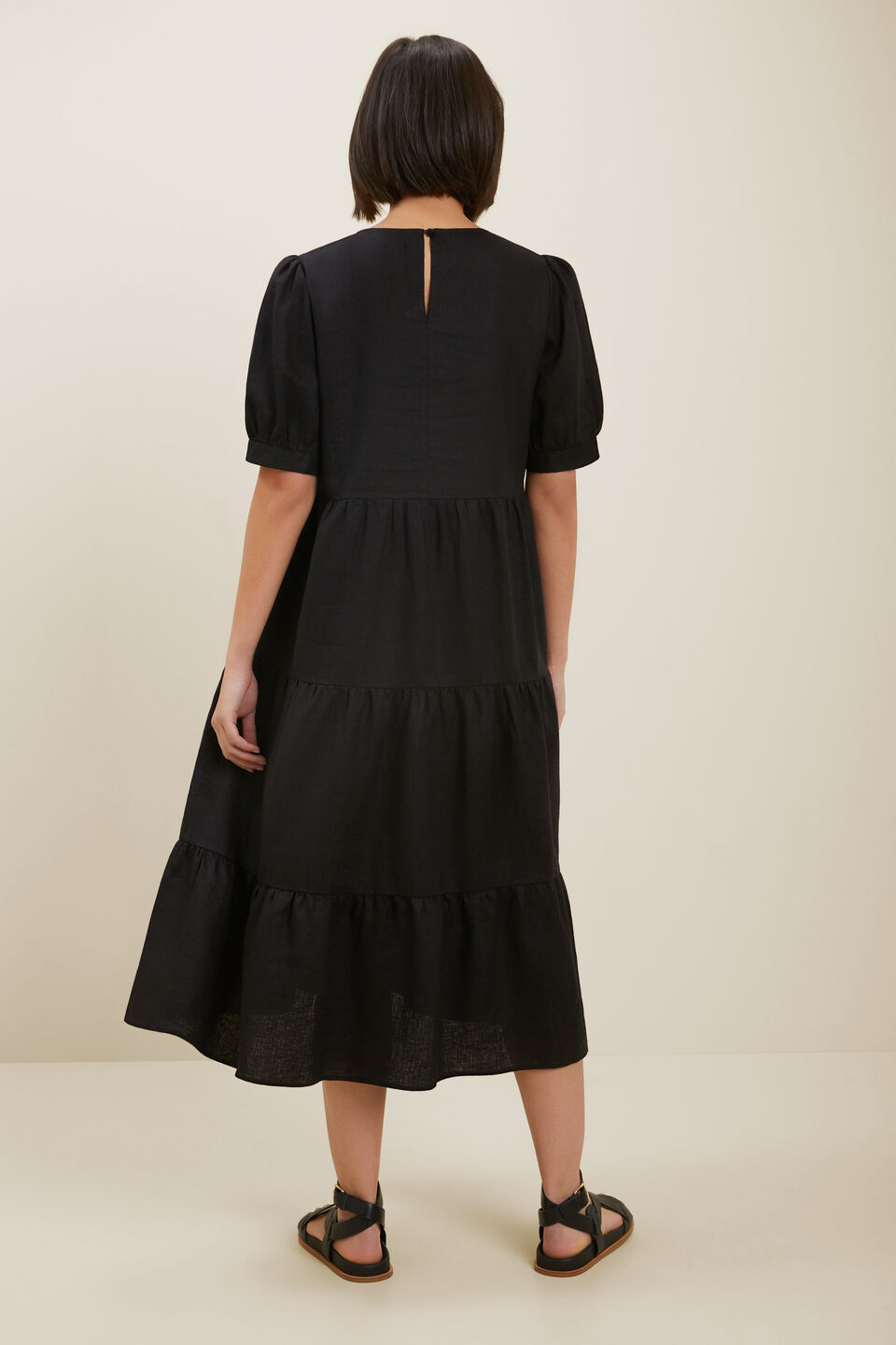 Linen Tiered Midi Dress  Black
