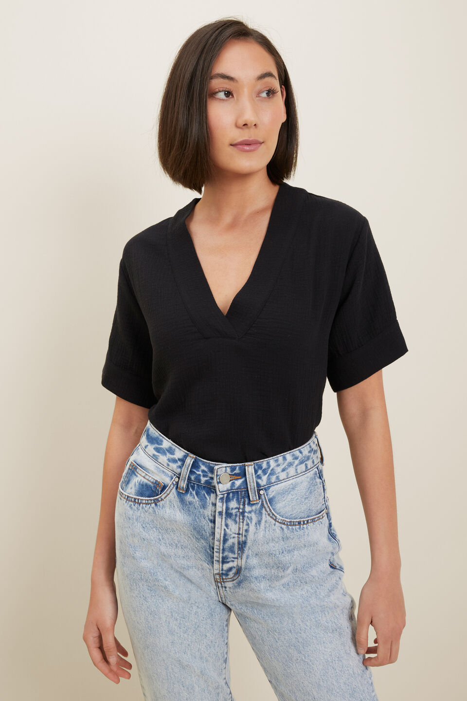 Cheesecloth V Neck Top  Black