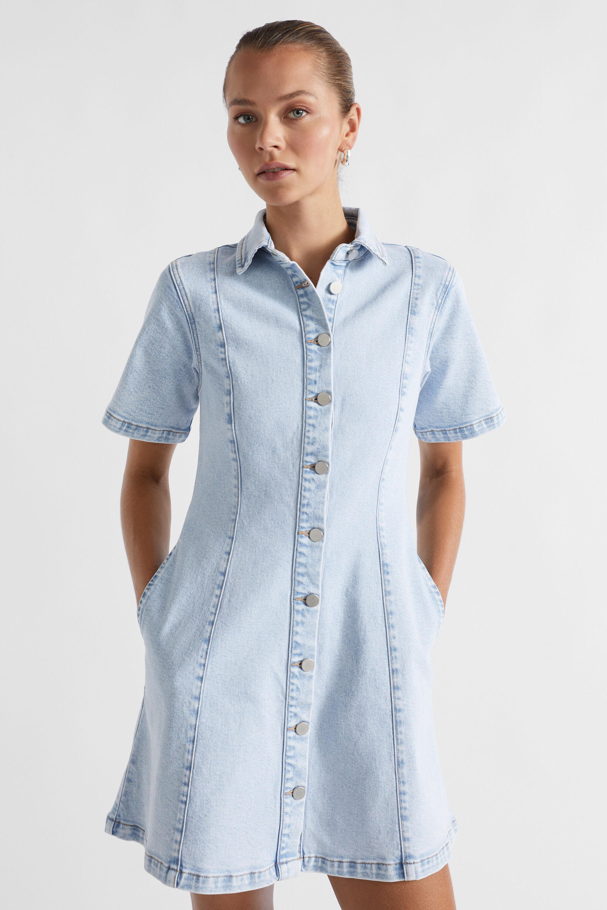Button through denim dress online