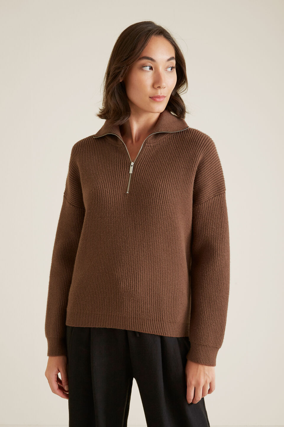 Zip Knit Sweater  Light Chocolate