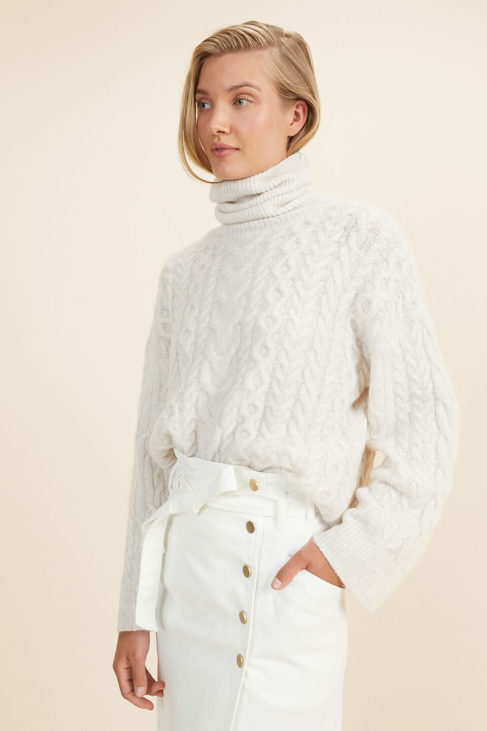 Chunky Roll Neck Sweater  Oat Marle