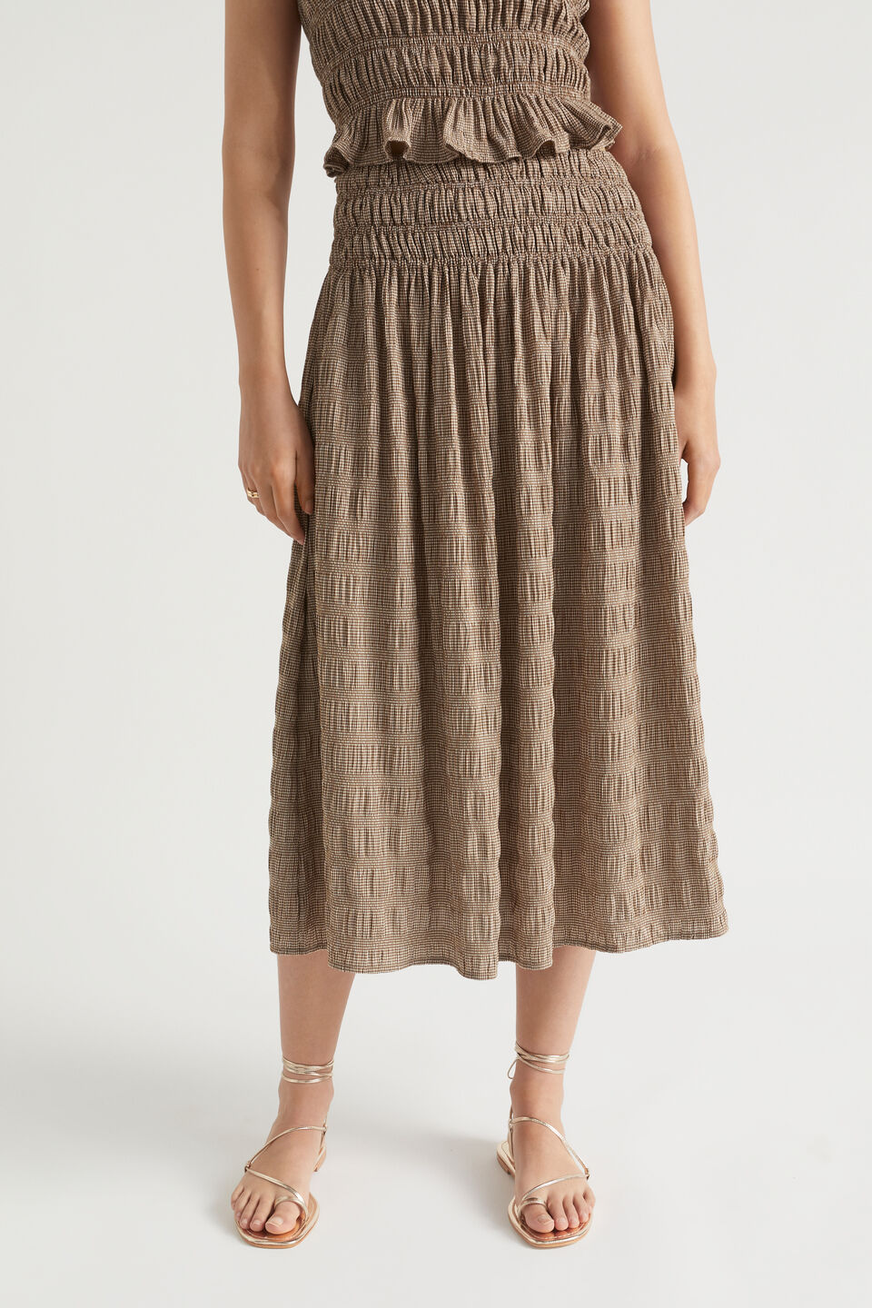 Textured Gingham Midi Skirt  Pecan Brown Gingham