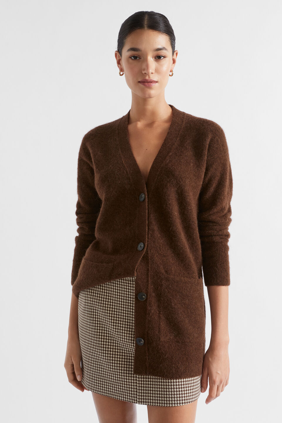 Cosy Knit Mid Length Cardigan  Hot Chocolate Marle