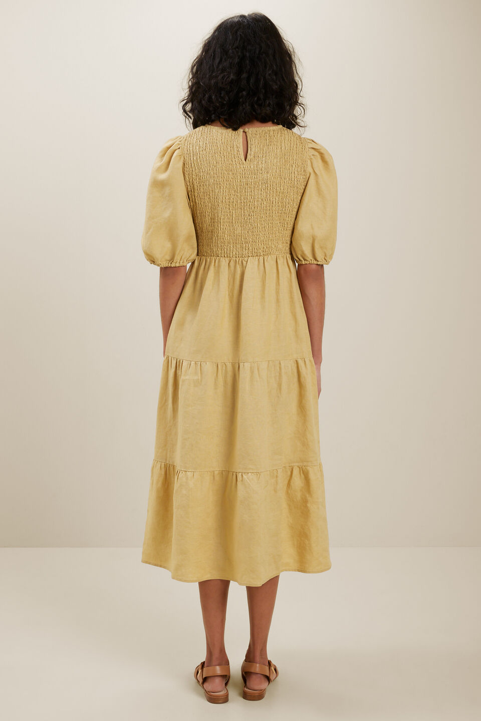 Linen Shirred Dress  Fawn