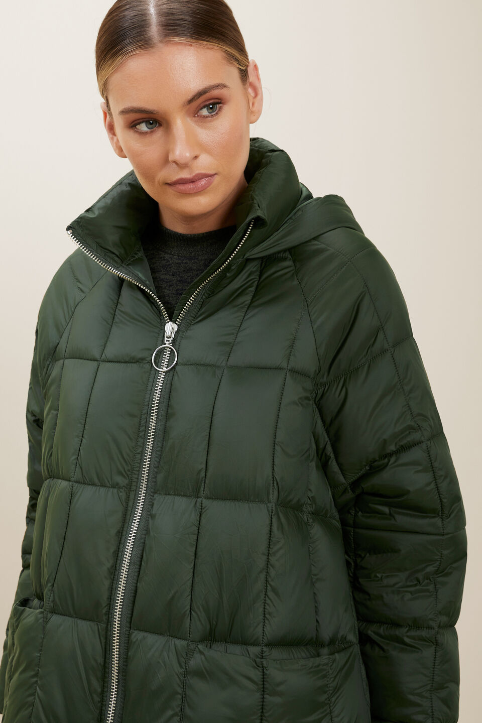 Quilted A-Line Puffer Jacket  Basil