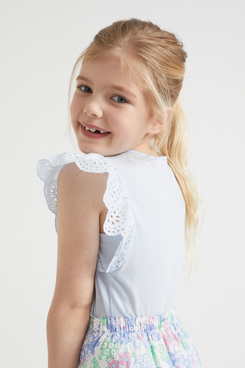 Broderie Frill Top  Baby Blue
