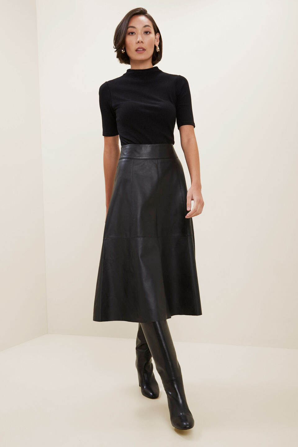 Fluted Leather Skirt  Black