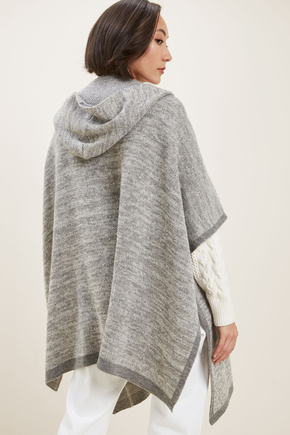 Hooded Knit Poncho  Grey Marle